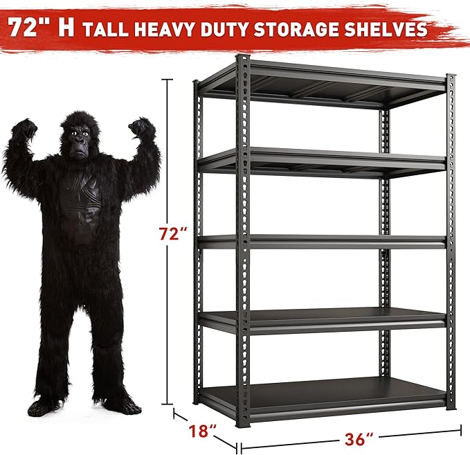 REIBII 72" H Garage Shelving Load 2500 LBS, Heavy Duty Storage Shelves, 5-Tier Adjustable Garage Shelves for Warehouse, Basement, 72" H x36 W x18 D, Black, 2 Pack