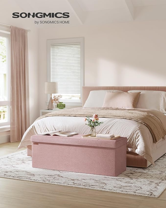 SONGMICS MAZIE Collection - 43 Inches Folding Storage Ottoman Bench, Ottoman Foot Rest, End of Bed Bench, Storage Chest, Load 660 lb, for Living Room, Bedroom, Entryway, Jelly Pink ULSF077R11