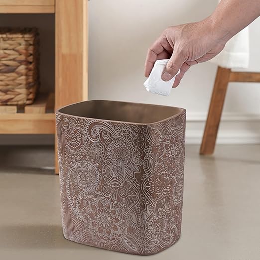 Polytree Boho Flowers Bathroom Trash Can 1.8 Gallon(7 Liter) Small Kitchen Garbage Can,Living Room Bedroom Trash Can, Decor Wastebasket for Home Office,Retro Brown