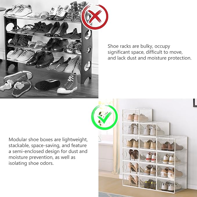 12 Pack Large Modular Clear Plastic Stackable Shoe Storage Organizer for Closet, Space Saving Versatile Sneaker Shoe Rack Containers Bins Holders, Portable Closet Organizers and Storage, White