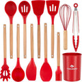 Silicone Cooking Utensils Set, Premium Beech Wood Handle Kitchen Gadgets Utensil Set, Non-Stick Kitchen Utensils Spatula, Tongs, Turner, Whisk, Brush, Spoon, BPA FREE, 446°F Resistant (Red)