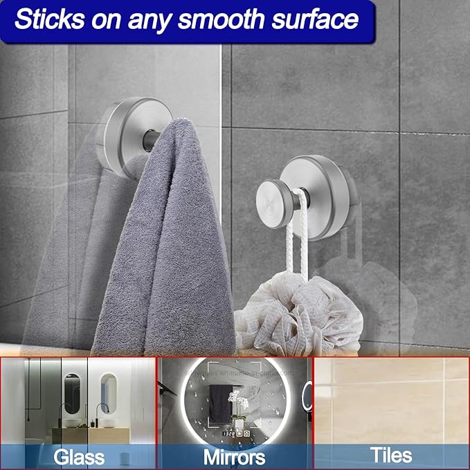 Suction Cup Hooks for Shower, Removable Towel Hooks for Bathroom Window Glass Door Wall, Bath Robe Looafh Hook for Hanging - 2 Pack, Silver