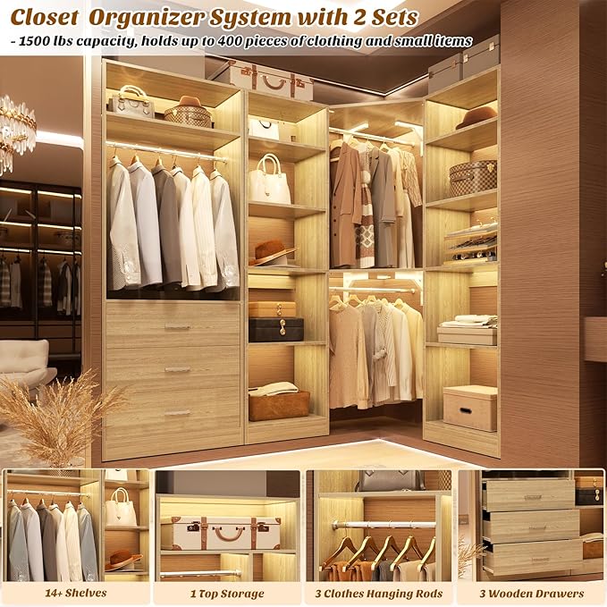 Corner Closet System with 3 Drawers, Corner Closet Organizer System with 13 Shelves & 3 Hanging Rods, 63.2"L * 39.2"W Reversible L Shaped Walk-in Closets, Load 2000+LBS, White Oak