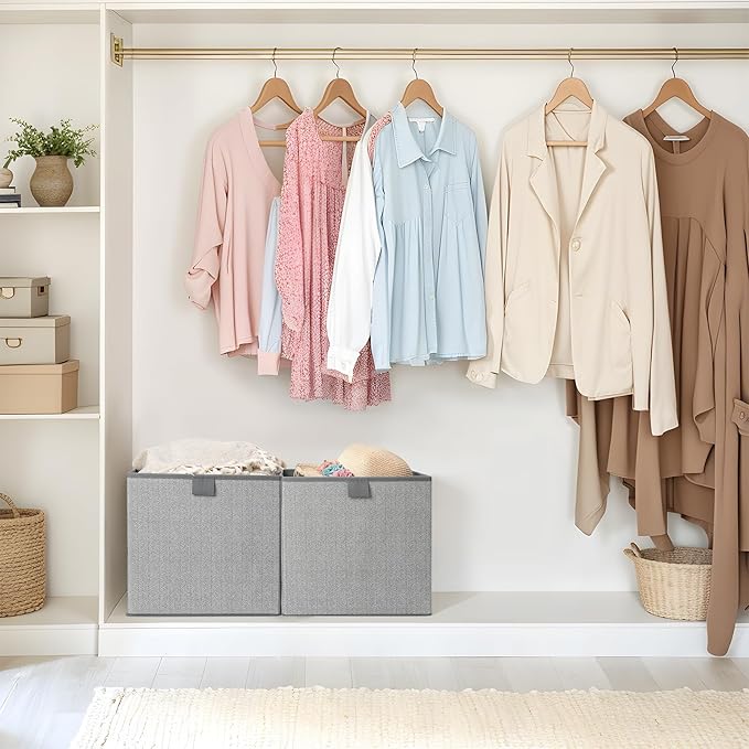Storage Baskets, 11.8-Inch Woven Fabric Bins, Storage Cubes with Reinforced Handles, Organizer Bins for Closet Shelves, Foldable, for Toys, Clothes, Natural Beige (4PCS/Grey-11.8*11.8*11.8inch)