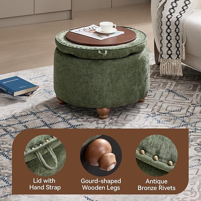 24Inch Round Storage Ottoman with Tray, Modern Tufted Circle Coffee Table with Storage, Upholstered Ottoman with Removable Top for Living Room, Bedroom, Chenille Green