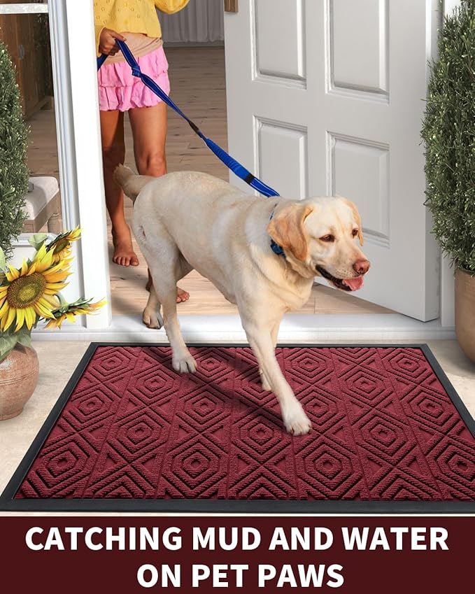 Yimobra Door Mat, Outdoor Indoor Entrance Welcome Mat, Heavy Entry Front Door Mat, Stain & Fade Resistant, Low Profile, Sturdy Rubber, Easy Clean Patio Floor Mat, Waterproof, 36 x 24, Wine Red