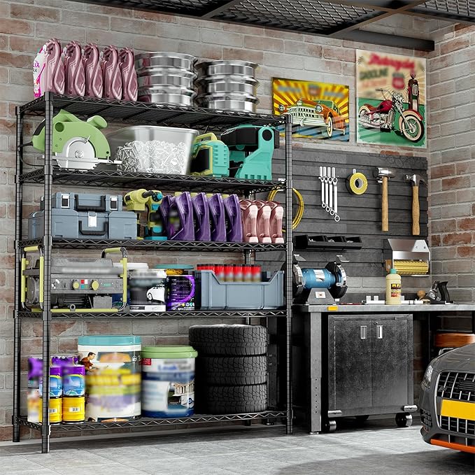 Storage Shelves, 2 PCS 48" L x 20" W x 72" H Heavy Duty Garage Wire Shelving Unit Loads 2000LBS, 5-Tier Adjustable Metal Industrial Utility Shelf Rack for Kitchen, Laundry Room, Basement