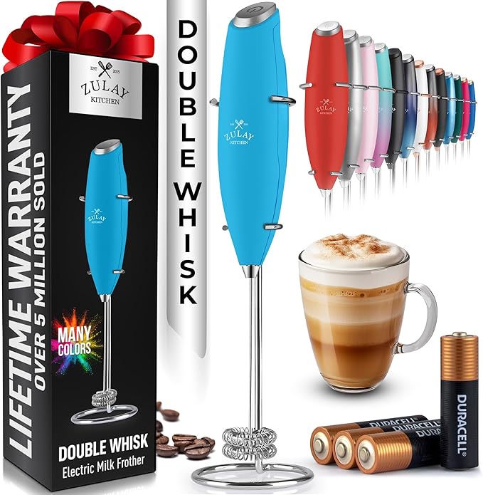 Zulay Kitchen Whisk Milk Frother with 4 Duracell Batteries - Powerful Handheld Foam Maker for Coffee, Lattes, Matcha, Hot Chocolate & Cappuccinos - Whip Creamy Froth in Seconds