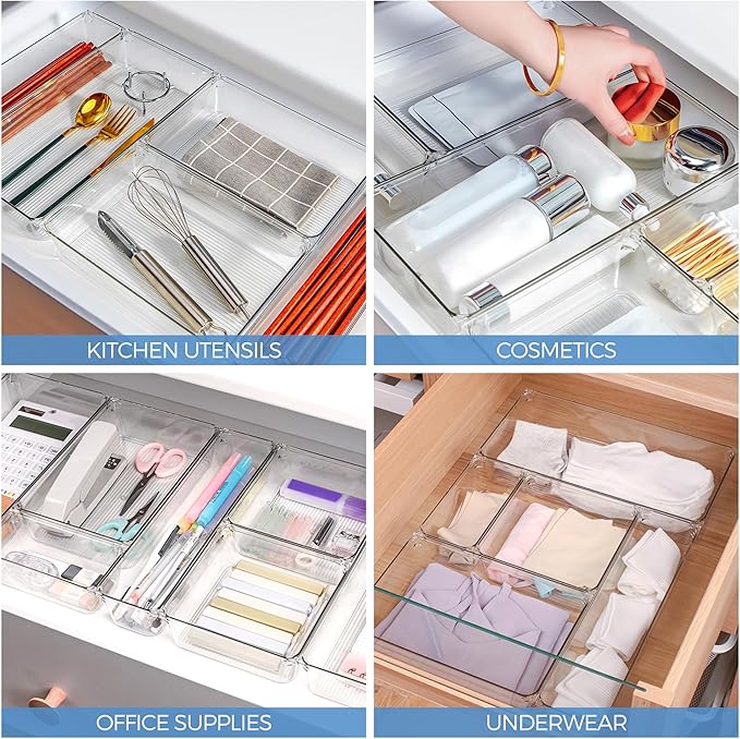 Ravinte 6 Pack Drawer Organizer - 6" X 6" Plastic Storage Bins, Acrylic Organizers with Non-Slip Pads Clear Desk Storage Tray for Makeup, Jewelries, Kitchen Utensils, Bathroom and Office