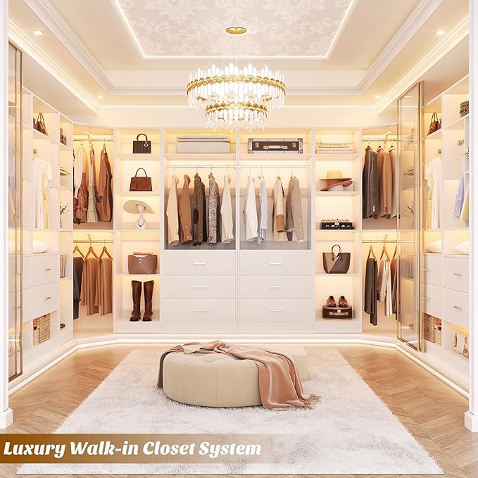 Corner Closet System with 6 Drawers, Closet Organizer System with 14 Shelves & 4 Hanging Rods, 87.2"L * 39.2"W / 63.2"L * 63.2"W Reversible L Shaped Walk-in Closets, Load 2500+LBS, White
