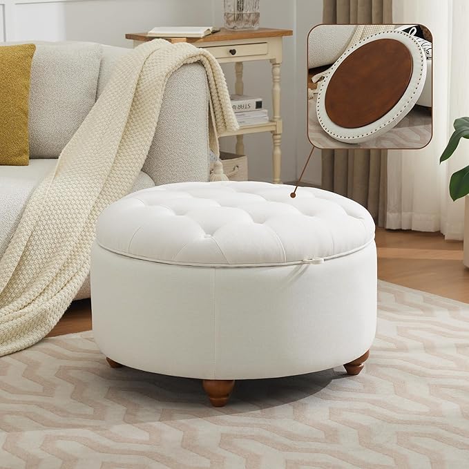 30Inch Round Storage Ottoman with Tray, Modern Tufted Fabric Circle Coffee Table with Storage, Upholstered Ottoman with Removable Top for Living Room, Bedroom, Beige