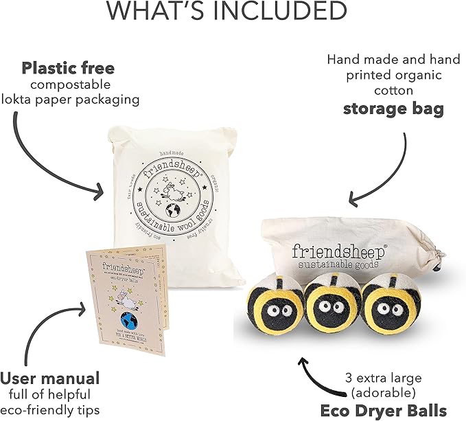 Friendsheep Wool Dryer Balls, Organic Reusable Fabric Softener Alternative for Laundry, Handmade, Fair Trade, Hypoallergenic, Eco-Friendly, Plastic-Free (3 Pack XL – Honey Bee)