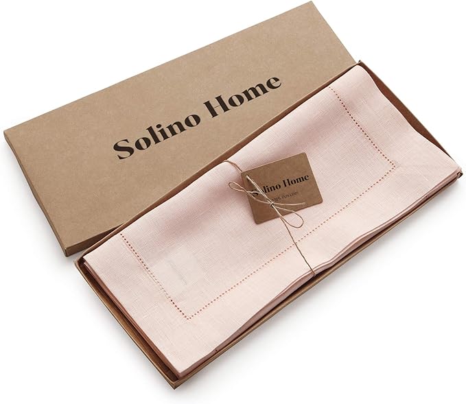 Solino Home Linen Pink Table Runner 72 Inches Long - 100% Pure Linen Hemstitch Table Runner 14 x 72 Inch for Dresser, Dining, Christmas - Classic Hemstitch