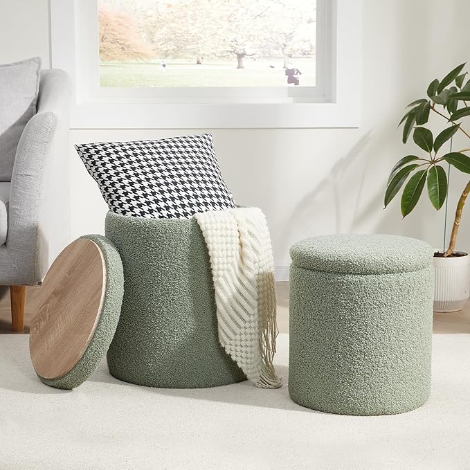 Boucle Round Ottoman with Storage Set of 2,Small Foot Stool Ottoman for Living Room,Small Coffee Table, Vanity Stool with Storage for Bedroom, Green