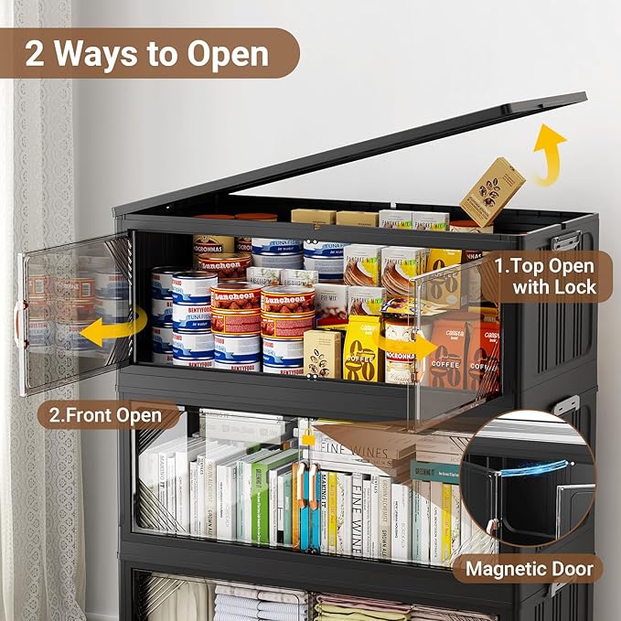 165Gal Plastic Stackable Storage Bins with Lid, 660QT Extra Large Closet Organizers Collapsible Cabinets Boxes With Drawers, Foldable Containers with 6x Wheels for Home Kitchen, V60 3Pack Black