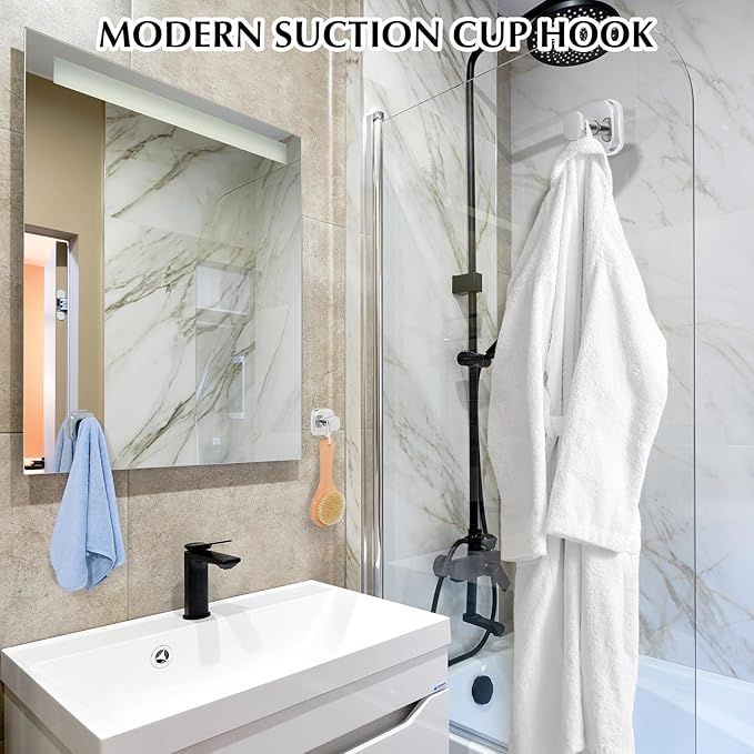 Suction Cup Hooks for Shower - Reusable No-Drill Mounting - Hooks for Towels, Robes & Loofah on Metal, Glass, Mirrors, Tile & Smooth Non-Porous Surfaces (2, Chrome Polished)
