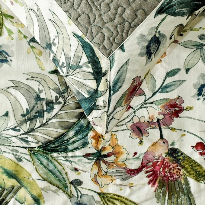 The HomeCentric King Queen Twin Ivory & Multi Designer Twin 53"x18" Bed Runner with Pillow Cover, Bird, Sequins & Beaded Bed Scarf on Cotton Fabric - Exotic Birds
