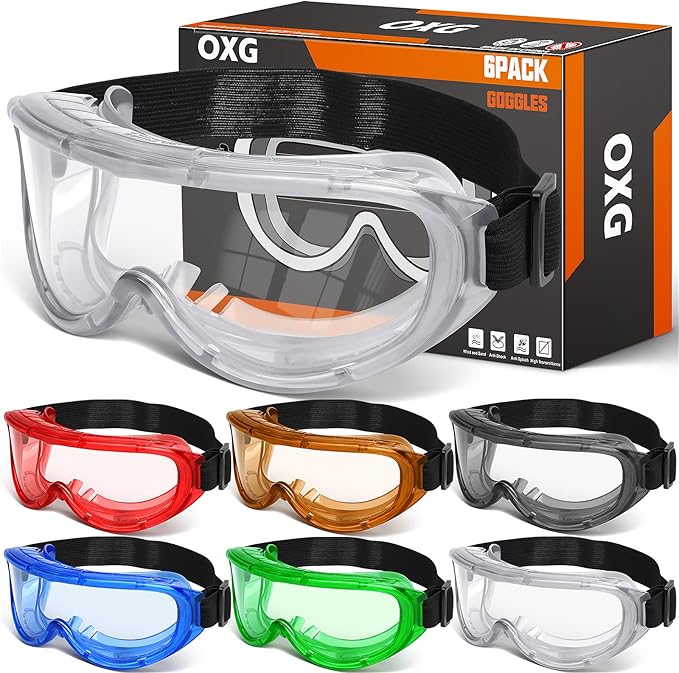 OXG 6 Pack Protective Safety Goggles Anti-Fog, Adjustable Chemical Splash Eye Protection Science Lab Goggles for Women Men