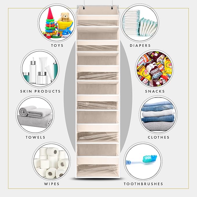 HOMELUX THEORY 1 PC Heavy Duty Over the Door Organizer 55x14x6.7, 6 Large Front & 12 Side Pockets, Hanging Storage Closet Door Organizer for Bedroom, Bathroom and Baby Nursery Storage (Ivory)