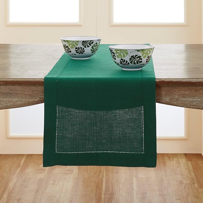 Solino Home Linen Rainforest Green Table Runner 120 Inches Long - 100% Pure Linen Hemstitch 14 x 120 Inch Table Runner for Dining, Christmas, New Year - Classic Hemstitch