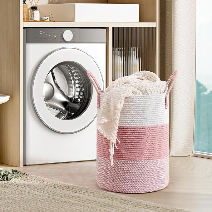 CLHMILY&Z 60L Laundry Basket Round Storage Rope Basket - 15x20.5 Inches - Pink Hamper in Bedreoom and Cute Storage Bin for Blankets, Toys, and Nursery Essentials
