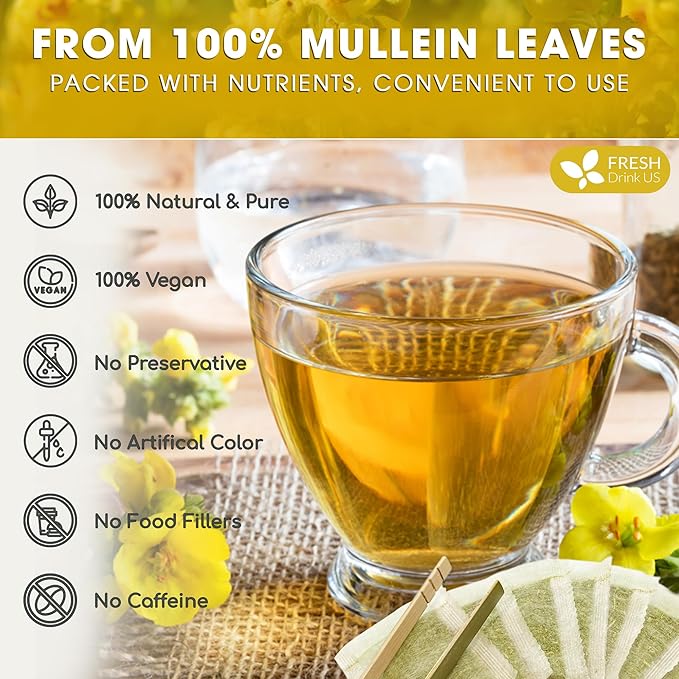 FreshDrinkUS, Premium 40 Mullein Leaf Tea For Lungs, Great Lung Detox For Smokers, Handmade, 100% Natural & Pure, No Sugar, No Caffeine, No Gluten, Vegan