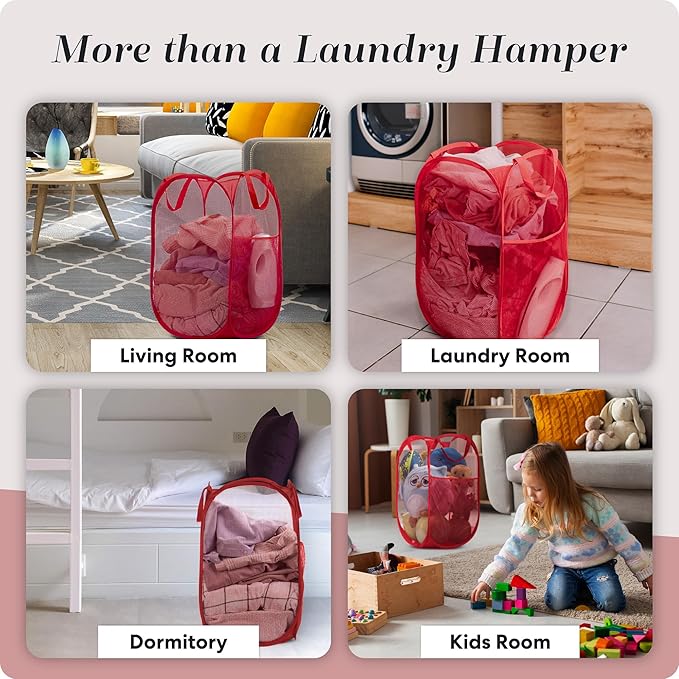 Handy Laundry Collapsible Mesh Pop Up Hamper with Wide Opening and Side Pocket - Breathable, Sturdy, Foldable, and Space-Saving Design for Clothes and Storage (Red)