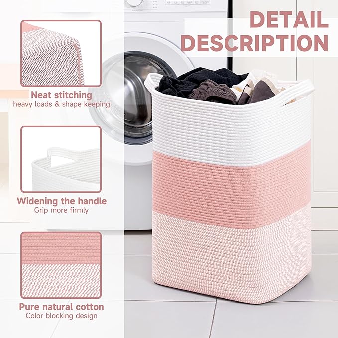 CLHMILY&Z 95L Laundry Basket Rectangular Pink Rope - 16x15x24 Inches - Dirty Clothes and Soft Storage Bin for Blankets, Toys, and Nursery Essentials