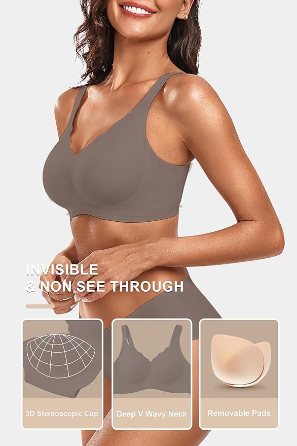 Vertvie Womens Seamless Bras No Underwire Supportive Wireless Push Up Full Coverage Bralette Comfort Scalloped T-Shirt Bra