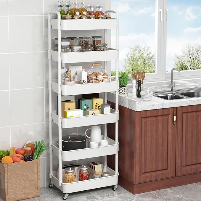 Sywhitta 6-Tier Plastic Rolling Utility Cart with Handle, Multi-Functional Storage Trolley for Office, Living Room, Kitchen, Movable Storage Organizer with Wheels, White