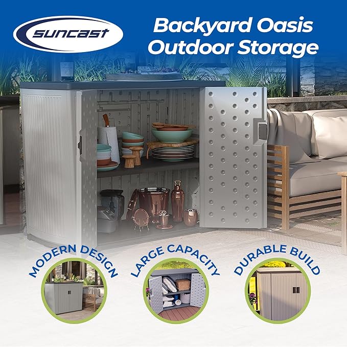 Suncast Outdoor Storage Shed for Patio and Garden, Backyard Oasis, 130 Gallon, Dove Gray