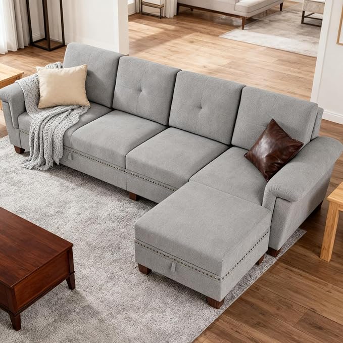 JAMFLY 108" Modular Sectional Sofa with Storage, L Shaped Sofa Couch with Reversible Ottoman, 4-Seat Convertible Sectional Couches with Cup Holders for Living Room, Apartment, Light Grey