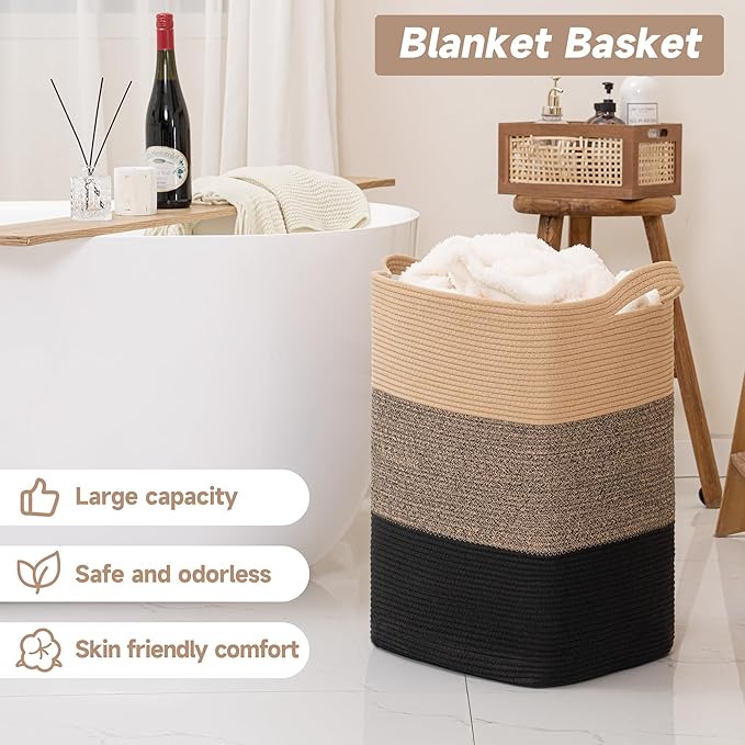 CLHMILY&Z 75L Laundry Basket Rectangular Black Jute Rope - 16x13x22 Inches - Dirty Clothes and Soft Storage Bin for Blankets, Toys, and Nursery Essentials