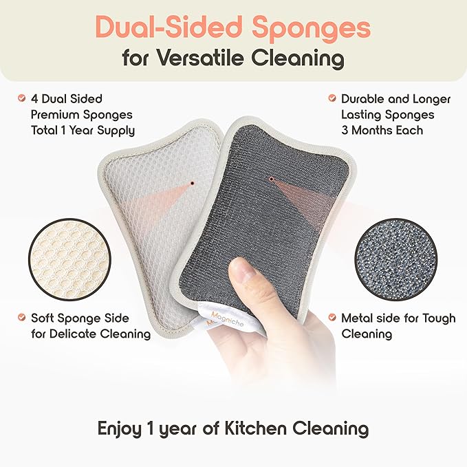 3-in-1 Dishwashing Cleaning Kit - Magnetic Sponge Holder for Kitchen Sink w/ 4-Pack Dual-Sided Dish Sponges Kitchen Set - Reusable Sponges for Dishes & Magnetic Dish Sponge System Starter Kit