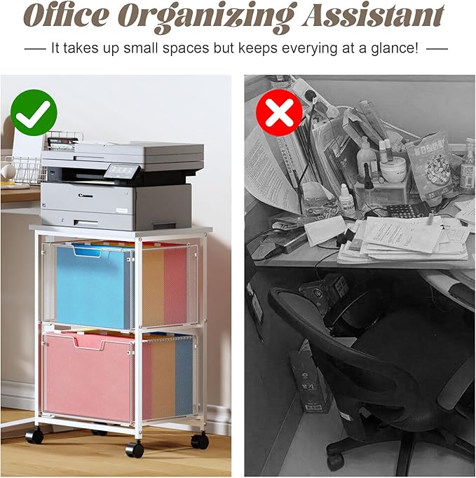 Letter/Legal Rolling File Cabinet, Rolling File Cart with 2 Drawers Filing Cabinet for Home Office, Hanging File Folders Organizer for Under Desk Storage, Mobile Printer Stand, White