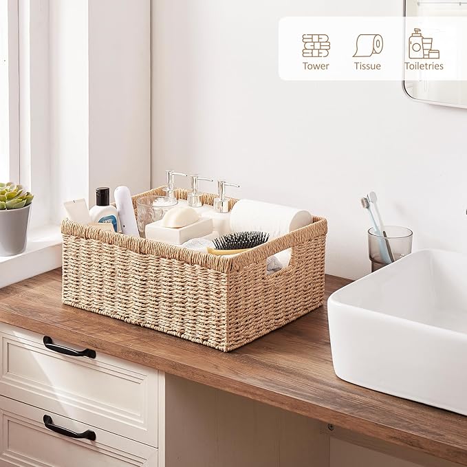 OIAHOMY Wicker Basket, Paper Shelf Basket with Built-in Handles, Rectangular Wicker Storage Bin for Pantry, Shelves, 1 Pack-Yellow