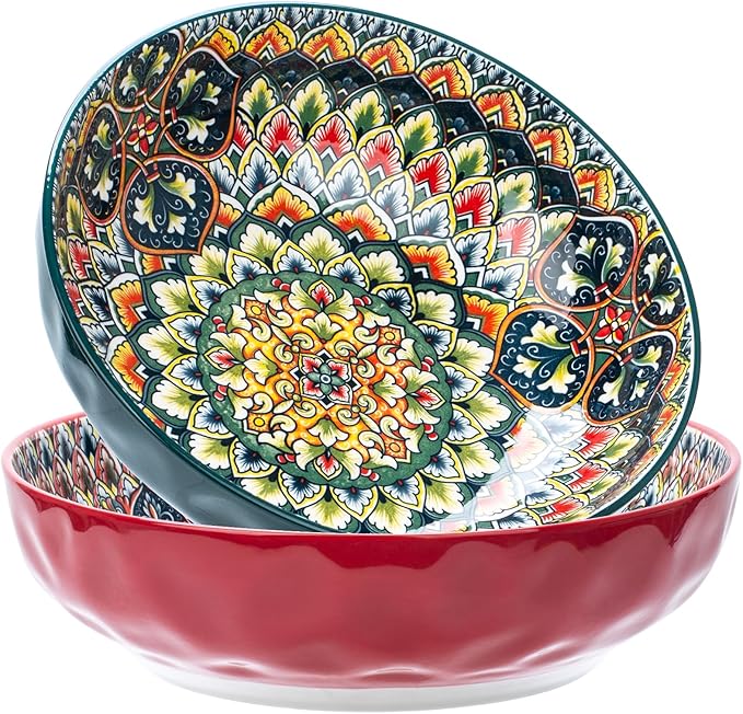Large Serving Bowls, 75 Oz Fruit Salad Bowls Set of 2, Bohemian Style Large Porcelain Dishes for Entertaining Parties,Big Bowls for Salad, Pasta, Fruit, Chips, 10.3 Inch Diameter (green.red)
