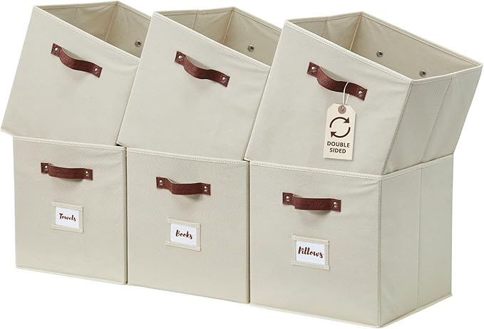 DECOMOMO Storage Cubes, 13x13x13 Storage Cube Bins with Labels, Fabric Organizer Bins (13" / 6pcs, Beige)