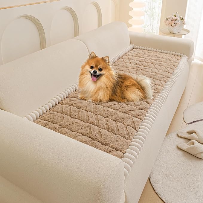 OTOB Couch Cover for Dogs Washable Pet Friendly, Non Slip Plush Funny Fuzzy Loveseat Sofa Cushion Slipcovers, All Seasons Geometric Jacquard Soft & Cozy Pet Bed Mat Protector (Coffee, 27.6" x 47.2")