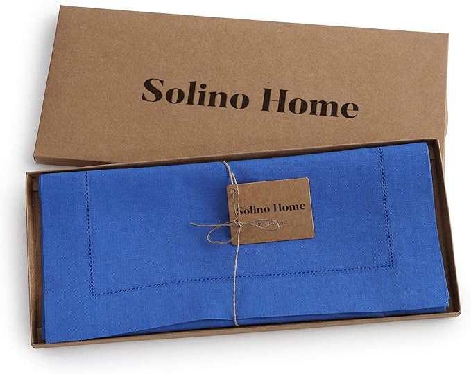 Solino Home Linen Royal Blue Table Runner 108 Inches Long - 100% Pure Linen 14 x 108 Inch Table Runner for Holiday, Winter, Christmas, New Year - Classic Hemstitch