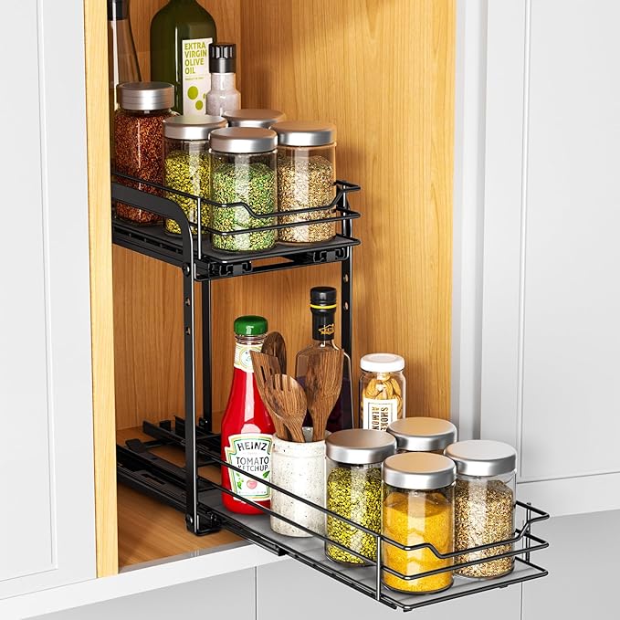RCHYFEED Spice Organization for Cabinet, 2 Tier Pull Out Spice Rack for Seasoning Organizer, Height Adjustable Heavy Duty Metal Basket for Inside Cabinets & Pantry Closet(5.5" Wx10.5 Dx9.5 H)