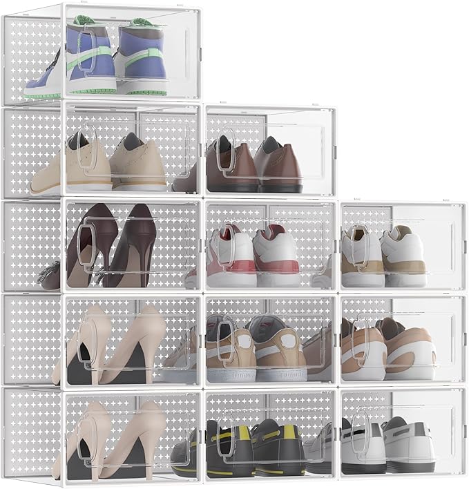 12 Pack Large Modular Clear Plastic Stackable Shoe Storage Organizer for Closet, Space Saving Versatile Sneaker Shoe Rack Containers Bins Holders, Portable Closet Organizers and Storage, White