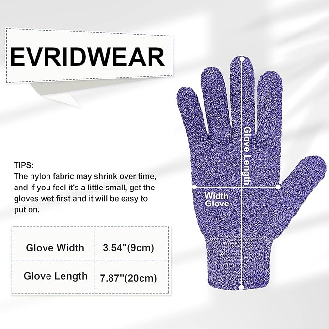 Evridwear Exfoliating Gloves for Shower, 100% Nylon Thick Soft Medium Heavy Bathing Gloves Dead Skin Remover Body Scrubber Smooth Skin with Hang Loop, Purple