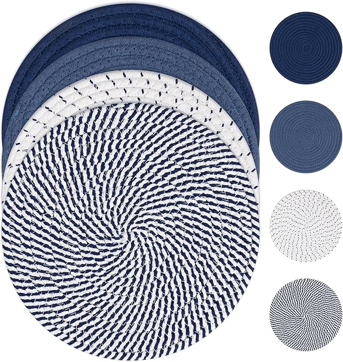 SHACOS 10 Inches Trivets for Hot Dishes, 4 Pieces Cotton Trivets Mats for Kitchen, Hot Pads for Countertops and Table, Heat-Resistant Pot Holders for Hot Pots and Pans(Blue, 4pcs)