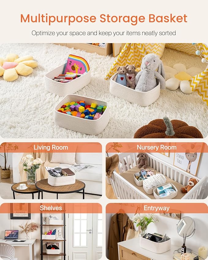 Small Woven Basket, 12 x 8 x 4.5 Inches, Storage Basket for Organizing, Cute Small Rope Shelf Closet Cube Storage Bins Baskets for Shelves, Dog Toy Gift Baskets Empty, 3 Packs, Off White
