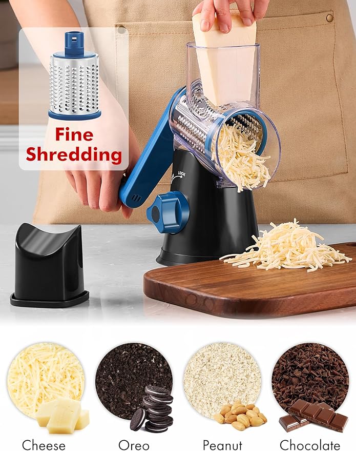 Cheese Grater Rotary, Rotary Grater for Kitchen, Kitchen Vegetable Slicer with 3 Drum Blades, Fast Cutting Cheese Shredder for Vegetables and Nuts