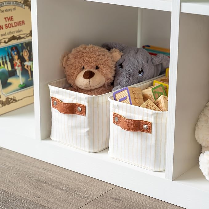 OrganiHaus Narrow Storage Bins 15x06in, Small Closet Bins for Shelves, Bathroom Storage Baskets, Narrow Baskets, Fabric Organizer with Handles, Toilet Paper Organizer - 2 Pack, White w/ Brown Stripes