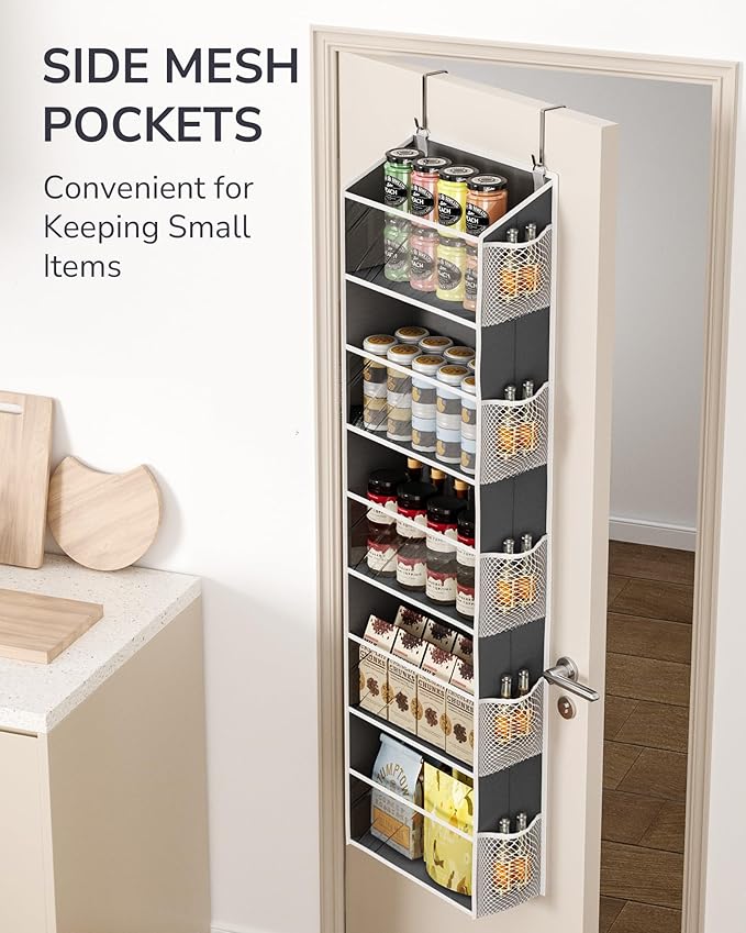 ULG 1-Pack Over Door Organizer with 5 Large Pockets 10 Mesh Side Pockets, 44 lbs Weight Capacity Hanging Storage Organizer with Clear Window for Bedroom Bathroom, RV, Clear Dark Grey