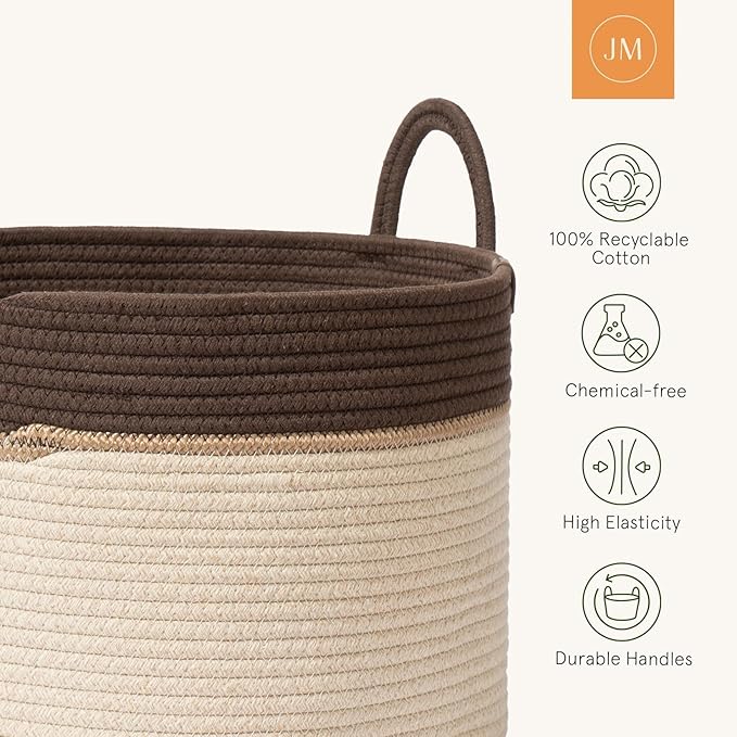 LA JOLIE MUSE Woven Basket Rope Storage Baskets - Large Cotton Organizer, Laundry Basket, Oatmeal, 40 Litres