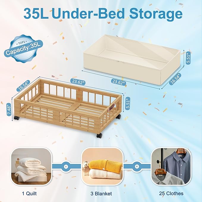 efluky 2-Pack Bamboo Under Bed Storage Containers with Wheels, Under Bed Clothes Storage Basket with Large Dust Bag, Rolling UnderBed Storage for Bedroom, Dorm and Basement, Nature